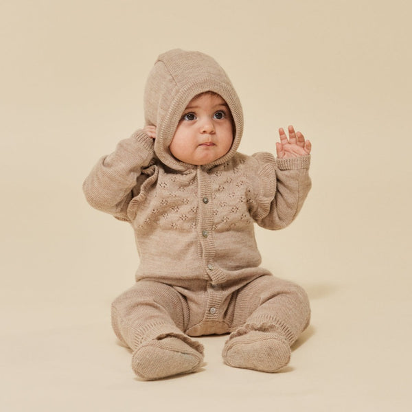 Tomama Merino Wool Hooded Baby Onesie (Beige Melange)