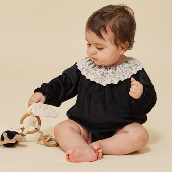 Venola Lace Collared Velvet Baby Romper (Black)