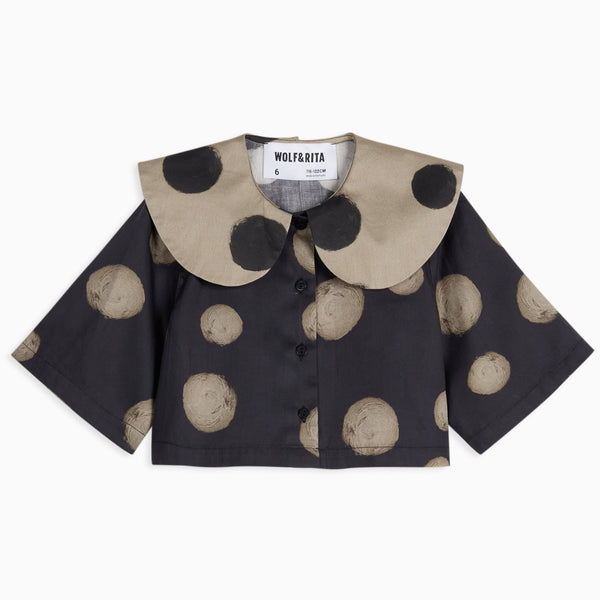 Leonilde Polka Dot Collared Cotton Cropped Shirt (Black)
