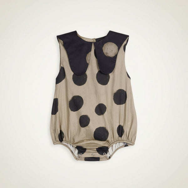 Luna Polka Dot Collared Cotton Baby Romper (Mocha)