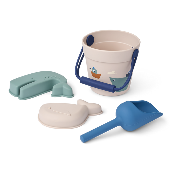 Kit Sailing Print Beach Bucket, Spade, Moulds Mini Set (Sandy)