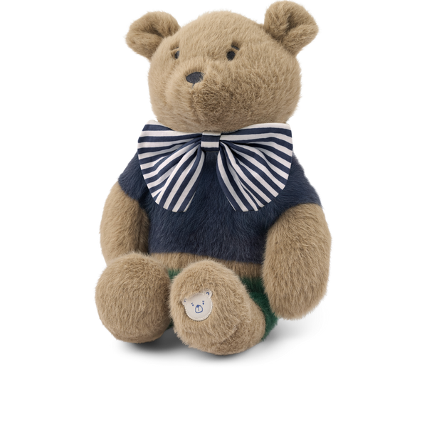 Hubert Stripe Bow Plush Bear Teddy (Dune/Blue Stripe Mix)