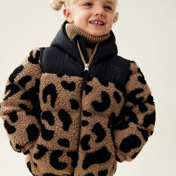 Niko Leopard Print Teddy Fleece Hooded Jacket (Mega Leo/Oat Mix)