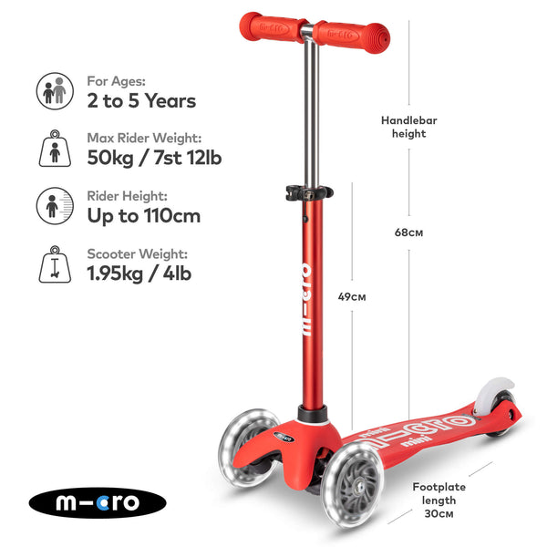Mini Micro Deluxe Scooter with 3 LED Wheels (Red)