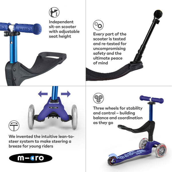 Mini Micro 3 in 1 Deluxe Scooter with Push Handle (Blue)