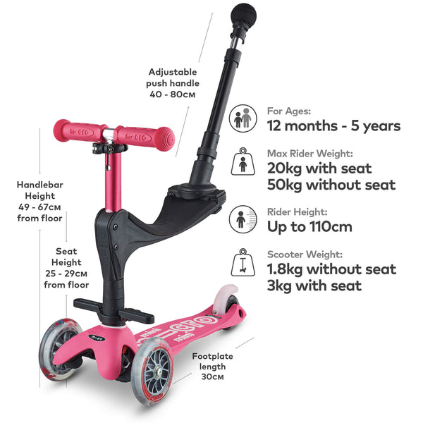 Mini Micro 3 in 1 Deluxe Scooter with Push Handle (Pink)