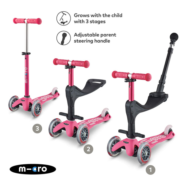 Mini Micro 3 in 1 Deluxe Scooter with Push Handle (Pink)