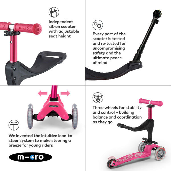 Mini Micro 3 in 1 Deluxe Scooter with Push Handle (Pink)