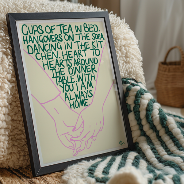 'Cups of Tea in Bed' Green and Lilac Art Print