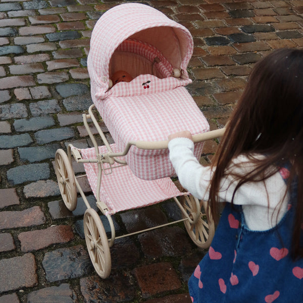 Cherry Embroidered Gingham Vintage Traditional Dolls Pram (Powder Rose)