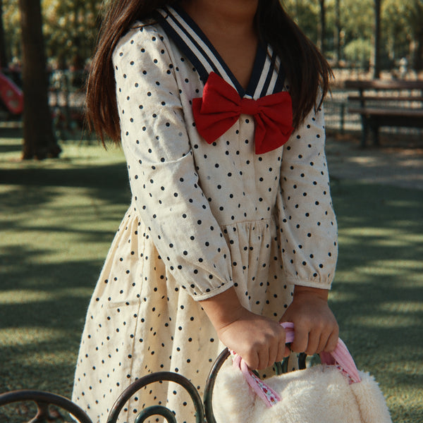 Cali Polka Dot Long-Sleeved Bow Cotton Woven Dress (Dot Desert)