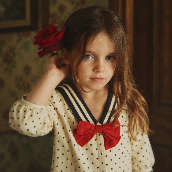 Cali Polka Dot Long-Sleeved Bow Cotton Woven Dress (Dot Desert)