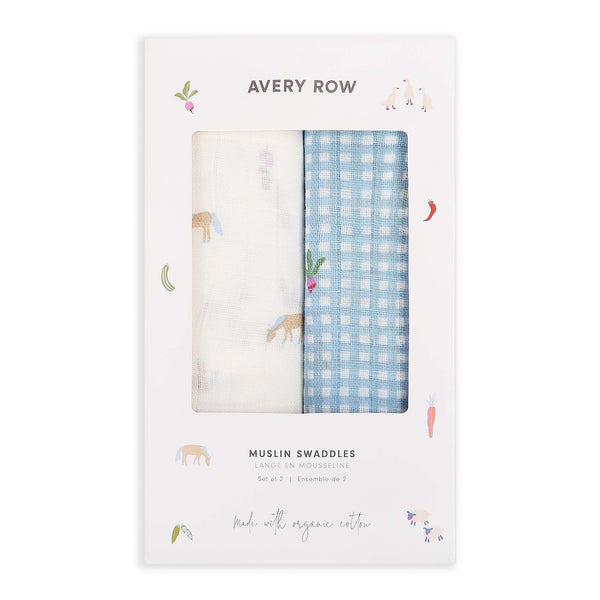 Organic Cotton Baby Muslin Swaddles Set of 2 (Little Farm/Radish)