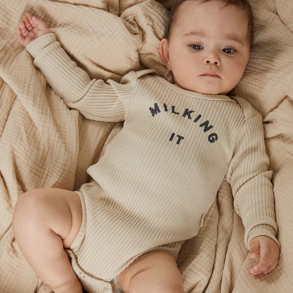 Milking It Cotton Rib Long Sleeve Baby Bodysuit (Oatmeal)