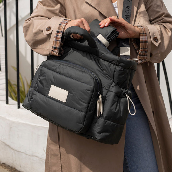 Baby Changing Tote Bag with Stroller Clips, Mat + Pouch (Soft Black)