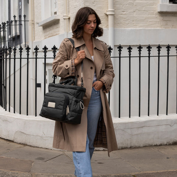 Baby Changing Tote Bag with Stroller Clips, Mat + Pouch (Soft Black)