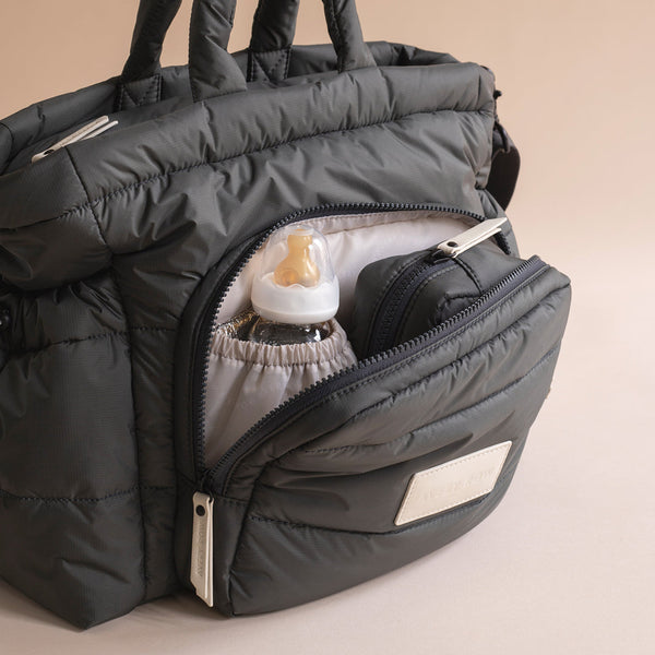 Baby Changing Tote Bag with Stroller Clips, Mat + Pouch (Soft Black)