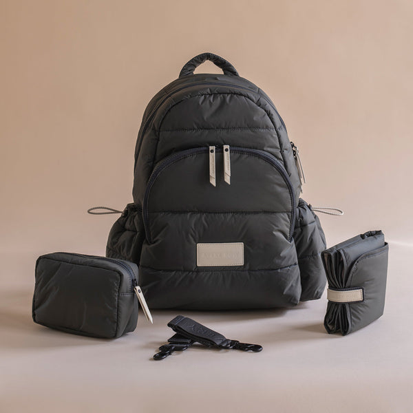 Baby Changing Backpack with Stroller Clips, Mat + Pouch (Soft Black)