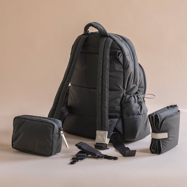 Baby Changing Backpack with Stroller Clips, Mat + Pouch (Soft Black)
