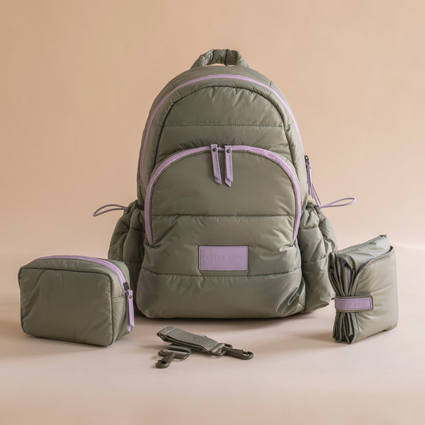 Baby Changing Backpack with Stroller Clips, Mat + Pouch (Olive)