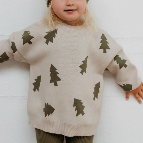 Adult Olive Cotton Knit Tree Print Jumper