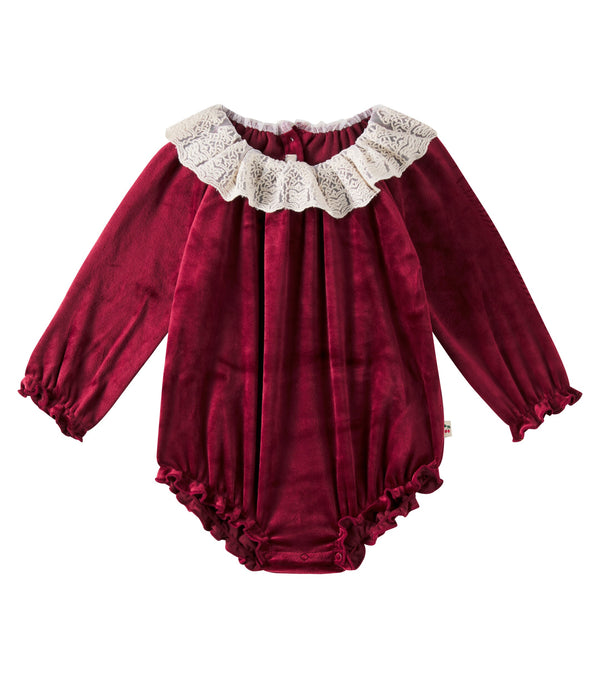 Venola Lace Collared Velvet Baby Romper (Red Dahlia)