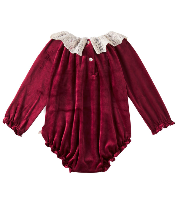 Venola Lace Collared Velvet Baby Romper (Red Dahlia)