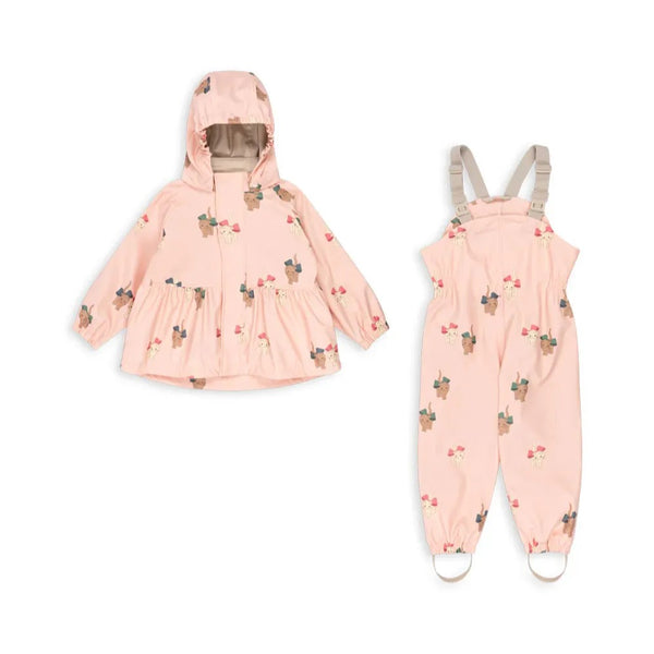 Palme Kitty Print Rainy Day Jacket and Overalls Set (Bow Kitty Pink)