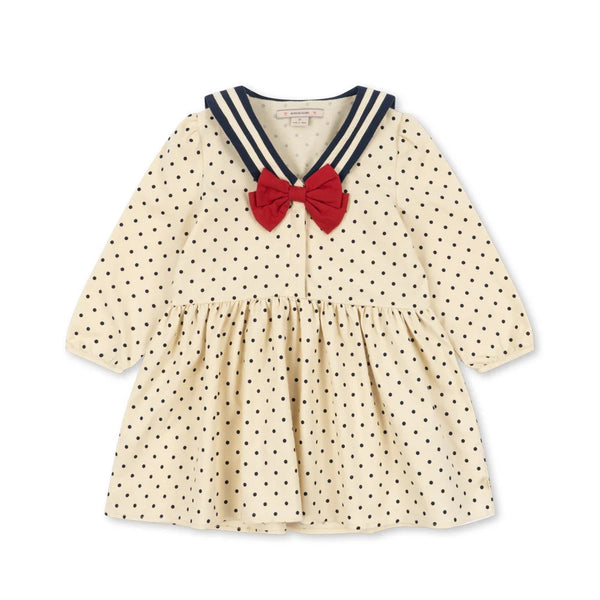 Cali Polka Dot Long-Sleeved Bow Cotton Woven Dress (Dot Desert)