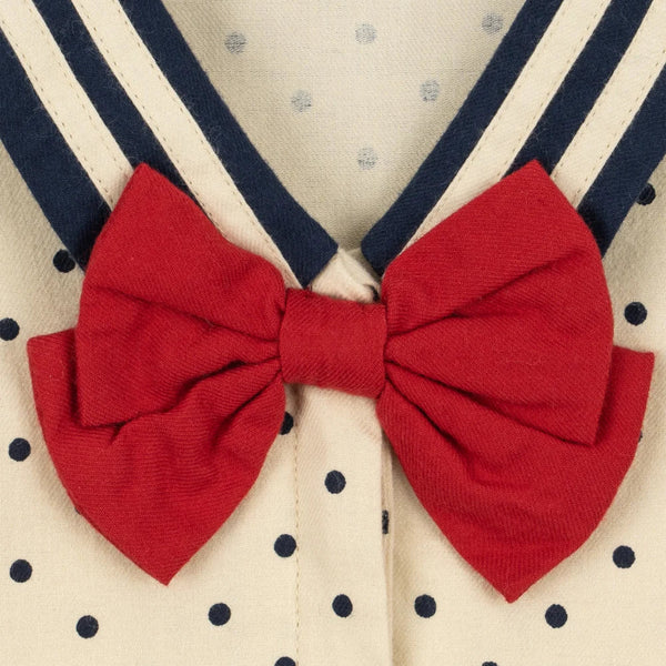 Cali Polka Dot Long-Sleeved Bow Cotton Woven Dress (Dot Desert)
