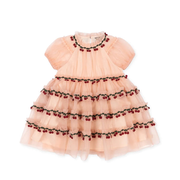 Joelle Cherry Embroidered Tulle Ruffle Party Dress (Evening Sand)