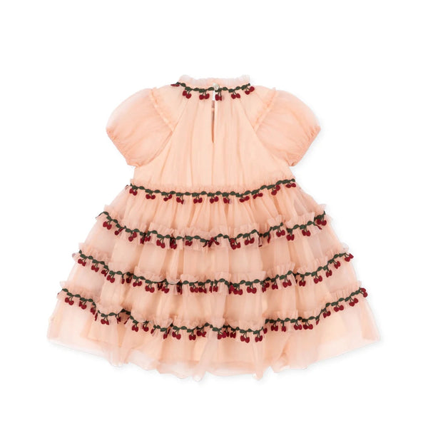 Joelle Cherry Embroidered Tulle Ruffle Party Dress (Evening Sand)