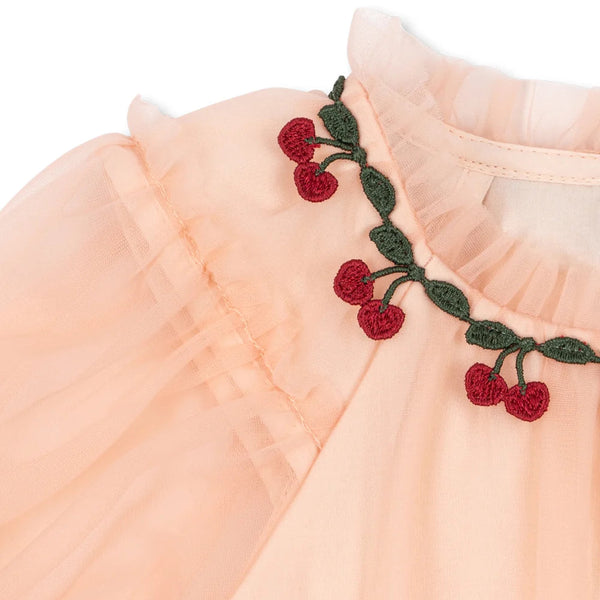 Joelle Cherry Embroidered Tulle Ruffle Party Dress (Evening Sand)