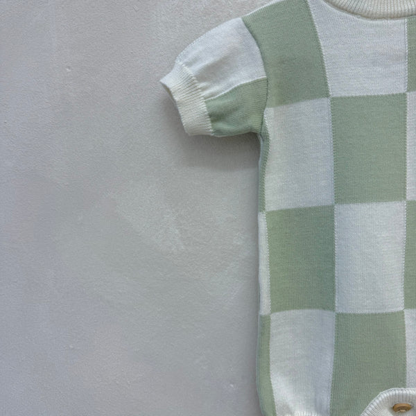 Rue Sage Checkerboard Cotton Knit Short Sleeve Baby Romper