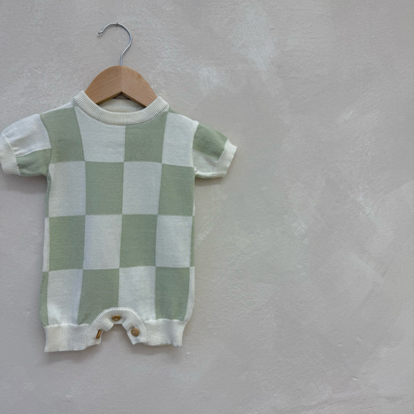 Rue Sage Checkerboard Cotton Knit Short Sleeve Baby Romper