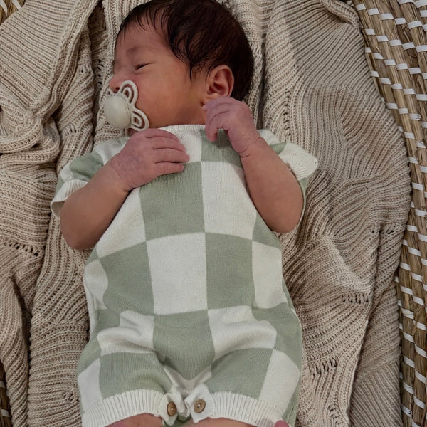 Rue Sage Checkerboard Cotton Knit Short Sleeve Baby Romper