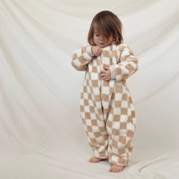 Checkerboard Teddy Fleece Baby Pramsuit