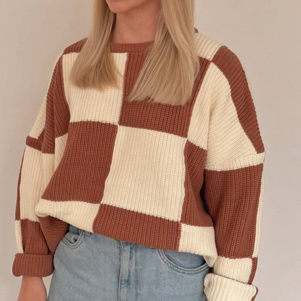 MAMA Aspen Checkerboard Chunky Knit Oversized Jumper (Cinnamon)