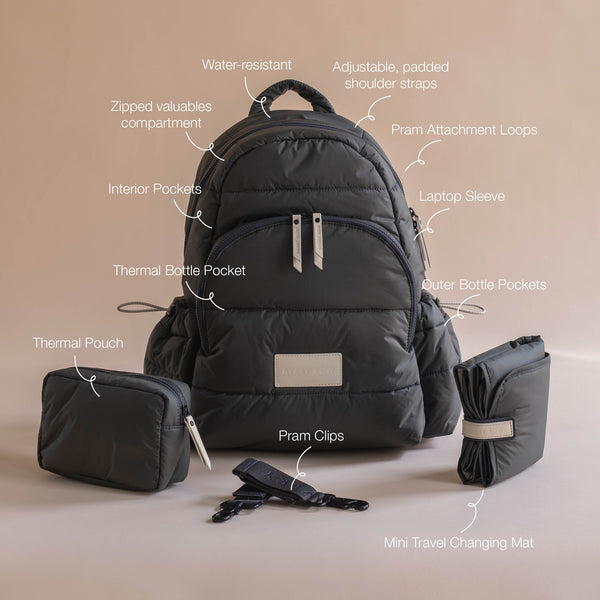 Baby Changing Backpack with Stroller Clips, Mat + Pouch (Soft Black)