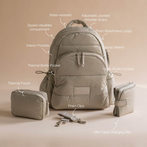Baby Changing Backpack with Stroller Clips, Mat + Pouch (Oyster)