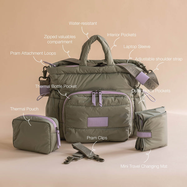 Baby Changing Tote Bag with Stroller Clips, Mat + Pouch (Olive)