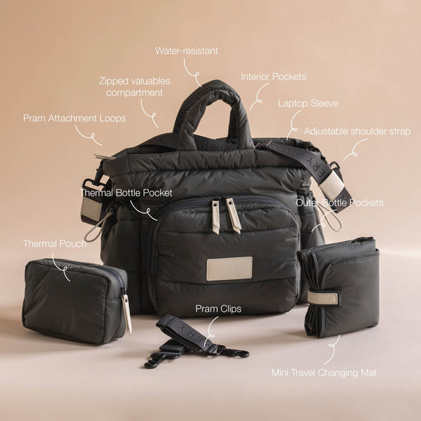 Baby Changing Tote Bag with Stroller Clips, Mat + Pouch (Soft Black)