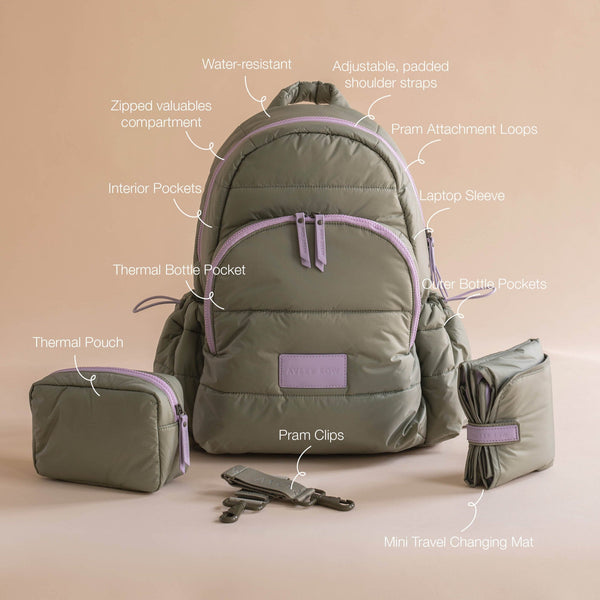 Baby Changing Backpack with Stroller Clips, Mat + Pouch (Olive)