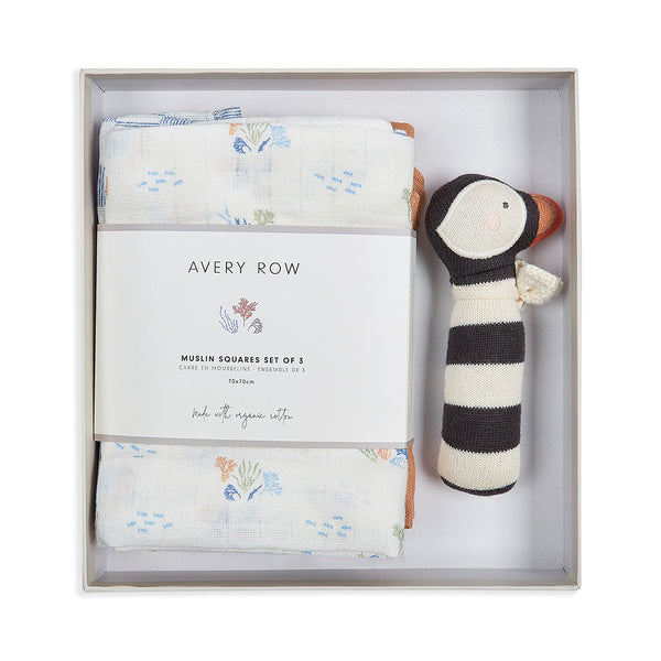 Rattle & Organic Cotton Muslin New Baby Gift Set (Coastline)