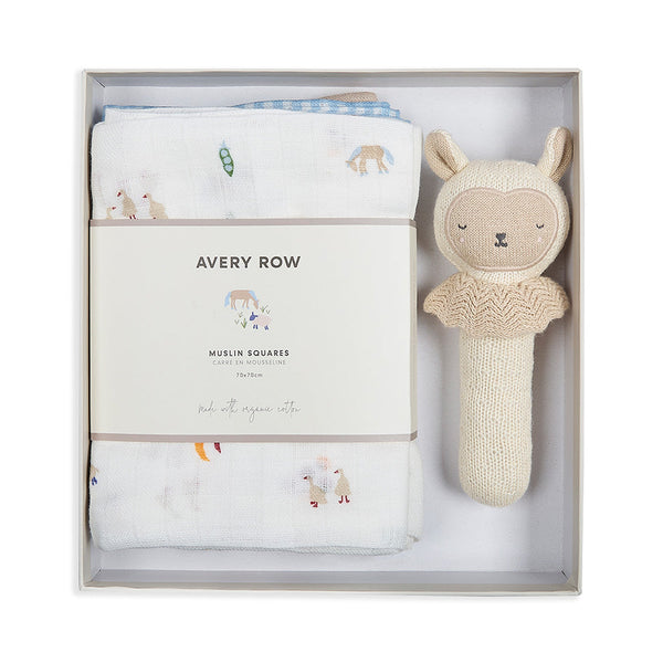 Rattle & Organic Cotton Muslin New Baby Gift Set (Little Farm)