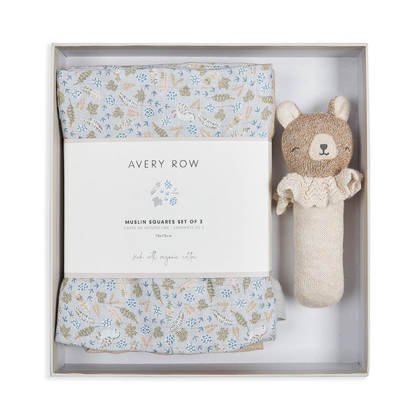Rattle & Organic Cotton Muslin New Baby Gift Set (Nature Trail)