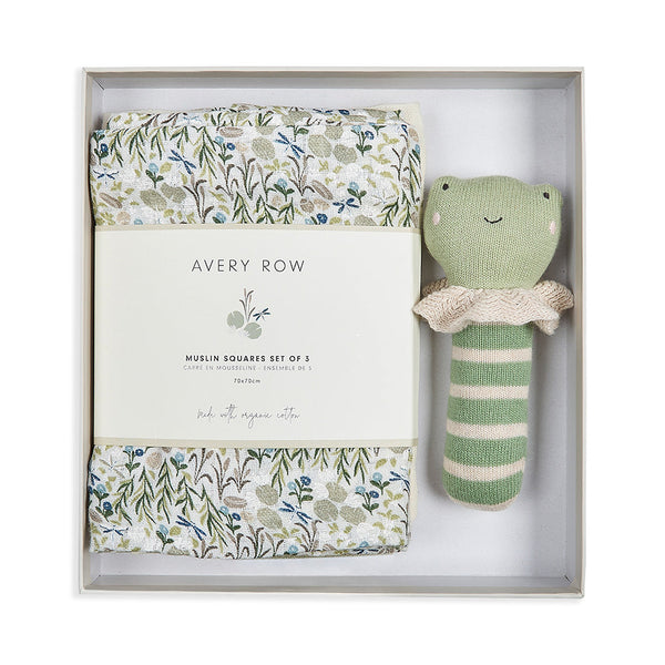 Rattle & Organic Cotton Muslin New Baby Gift Set (Riverbank)