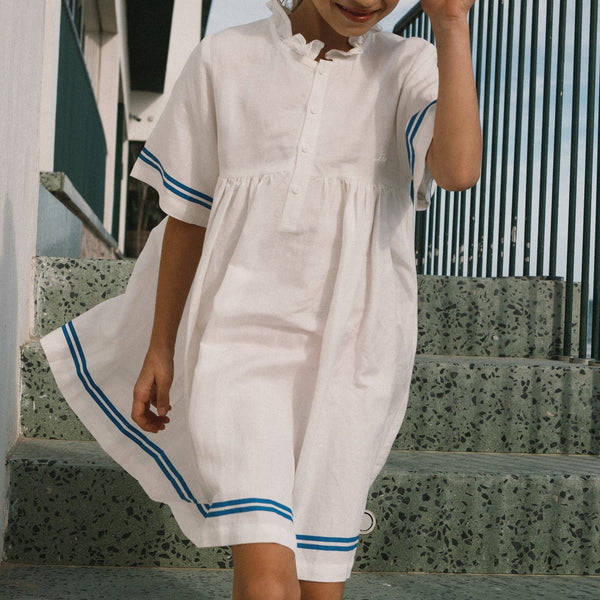 Stripes Frilled Cotton Dress (Off-White)
