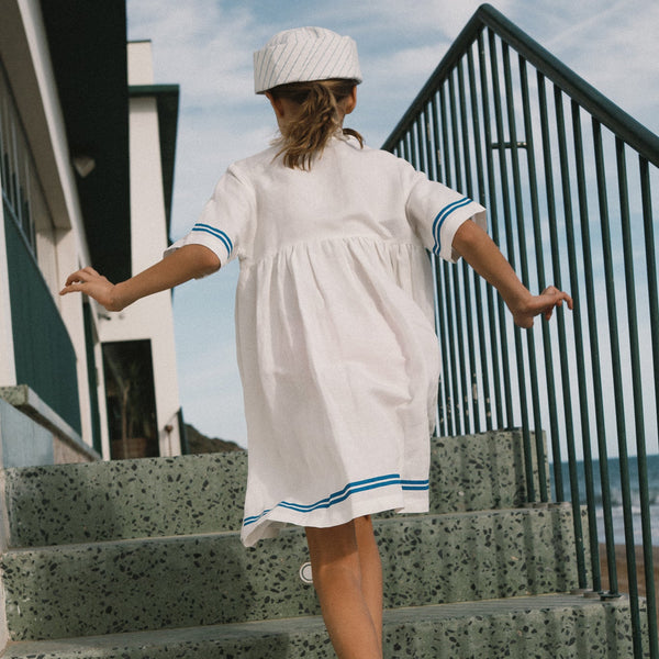 Stripes Frilled Cotton Dress (Off-White)