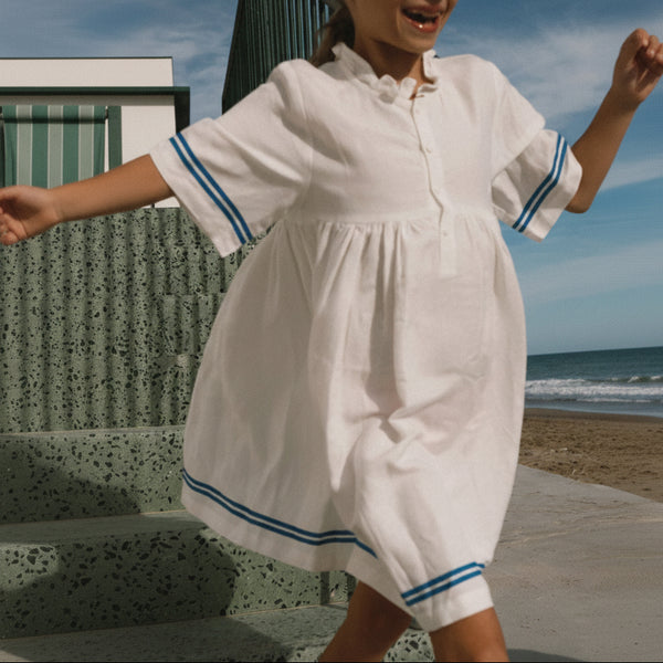 Stripes Frilled Cotton Dress (Off-White)
